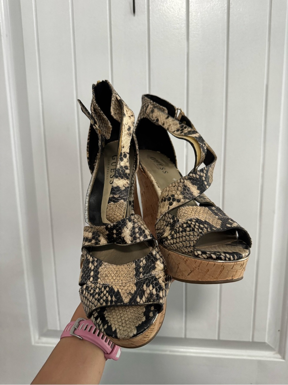 Guess Snake-Print Cork Platform Wedge Sandals - Beige/Black